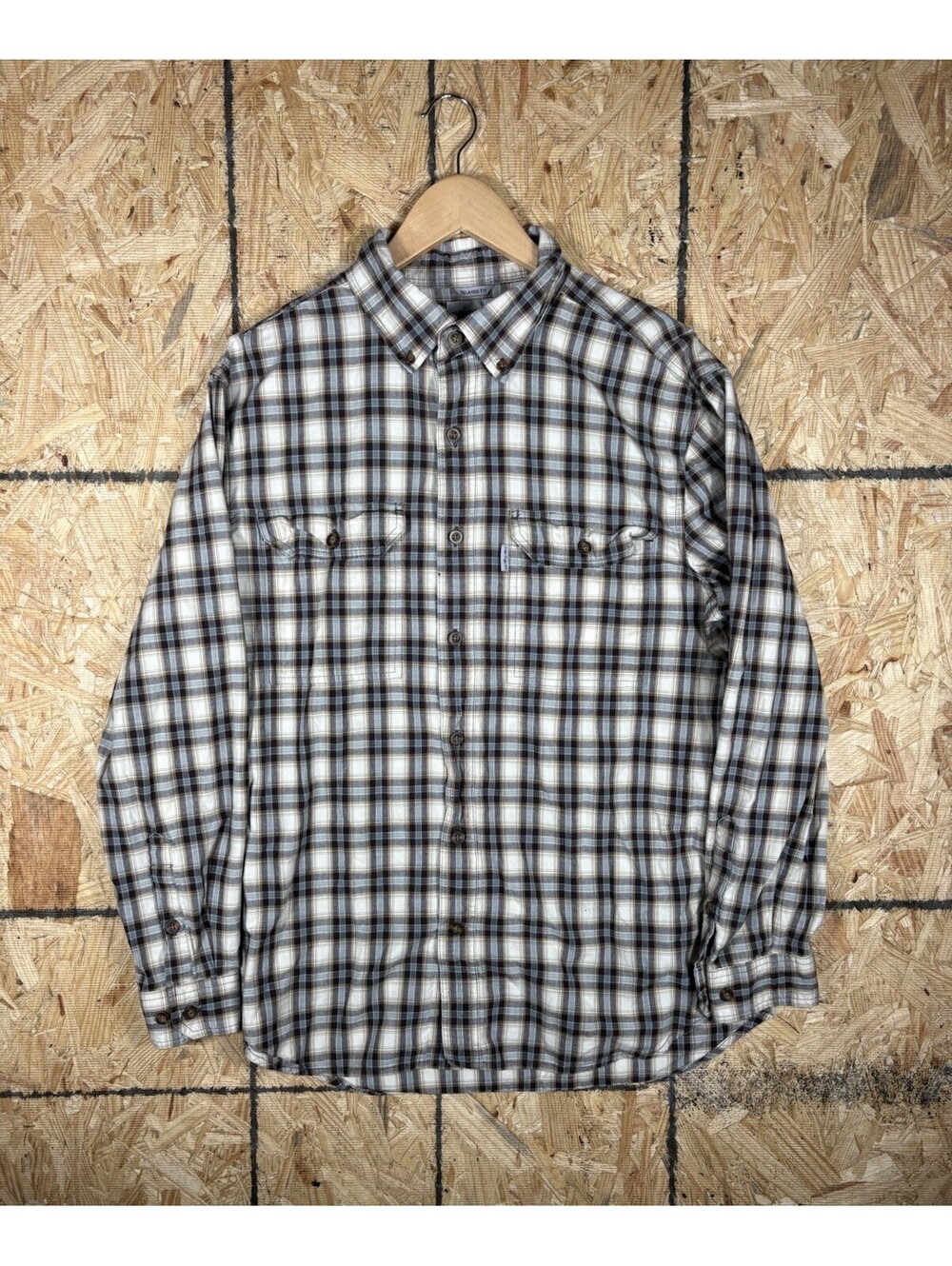Carhartt Mens Flannel Shirt L Loose Fit Long Sleeve Plaid Brown Blue cotton